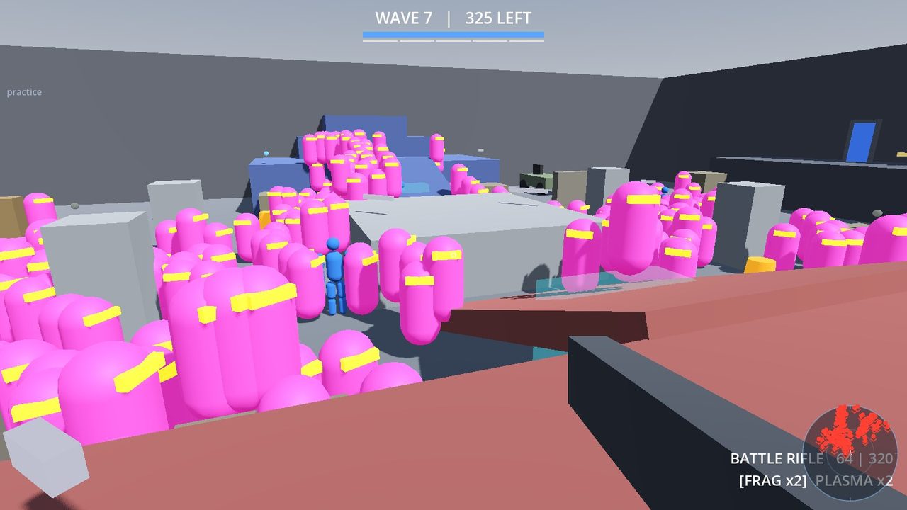 Shootbutt: a crowd of bright pink enemies with yellow visors runs at you across grey blocks