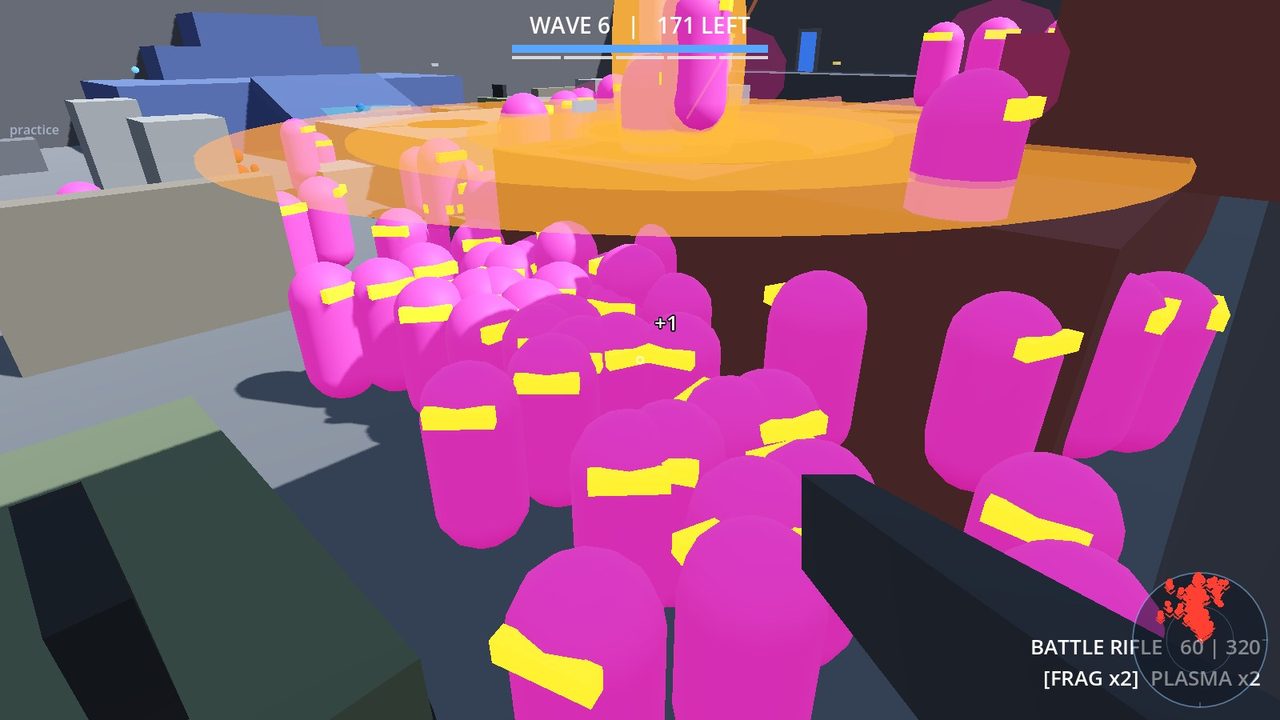 A rocket explodes in the middle of the pink horde